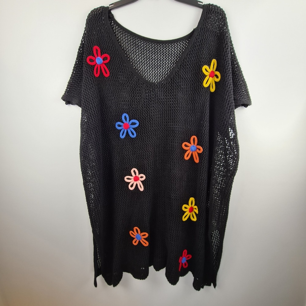 BloomChic Black Crochet Floral Swim Cover Up XL* Poncho Kaftan Boho Beachwear
